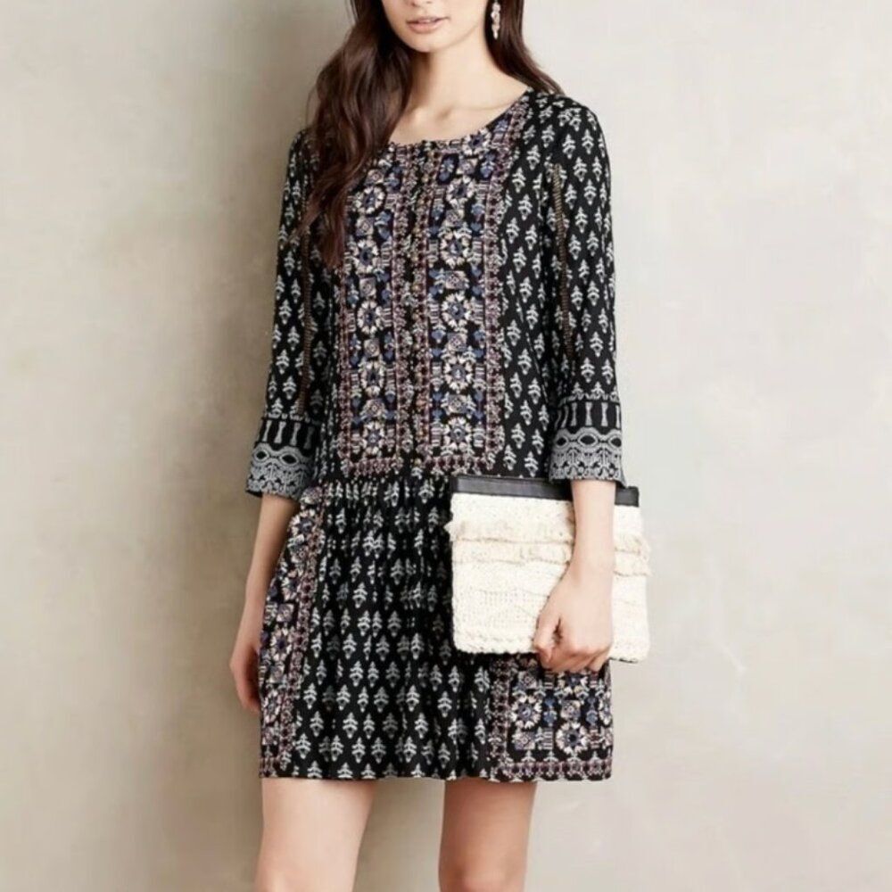 Anthropologie Black Floral-Print Boho Mini Dress